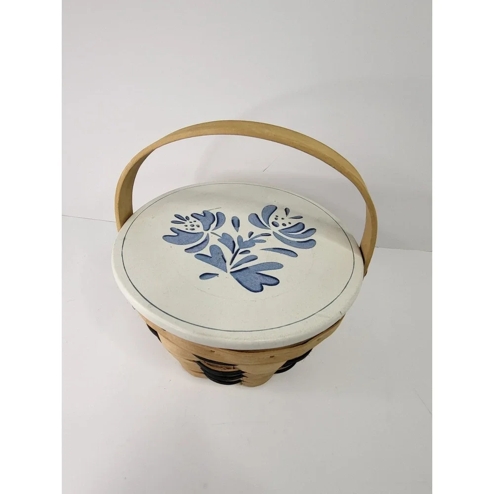 Blue Floral Ceramic Lid Woven Wood Basket Country Cottage Decor Round Storage